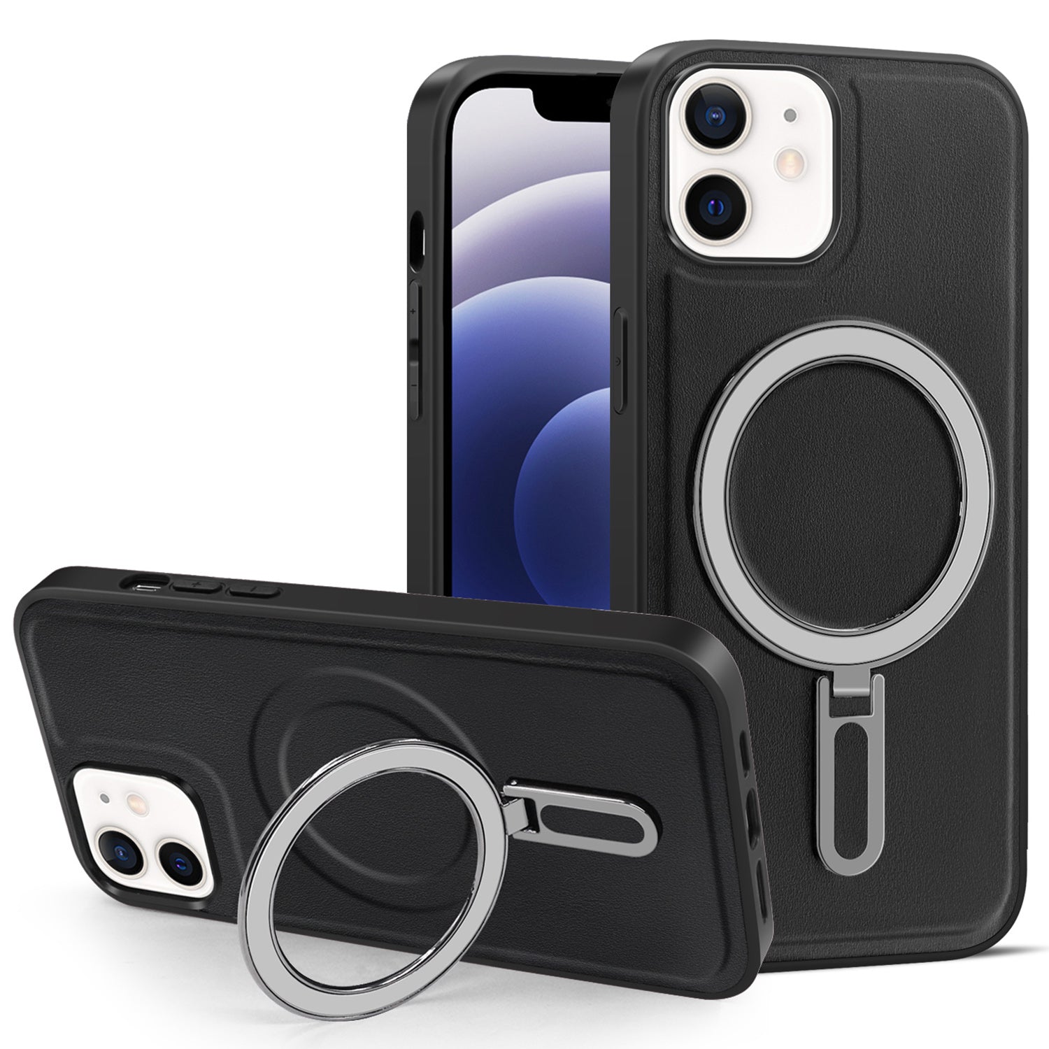 Uniqkart for iPhone 12 / 12 Pro 6.1 inch Phone Case Kickstand Design PU Leather Coated PC+TPU Magnetic Cover - Black Uniqkart for iPhone 12 / 12 Pro 6.1 inch Phone Case Kickstand Design PU Leather Coated PC+TPU Magnetic Cover - Black